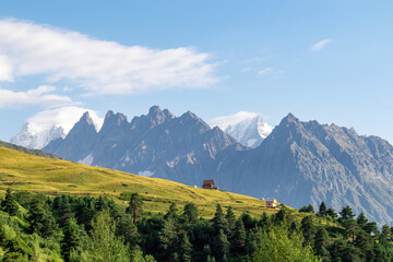 Amazing view from the Tskahazagari peak on the Svaneti mountain peaks near Mestia in the Greater Caucasus Mountain Range, Upper Svaneti,Country of Georgia.Hiking trail to the Koruldi Lakes.Cottage,hut