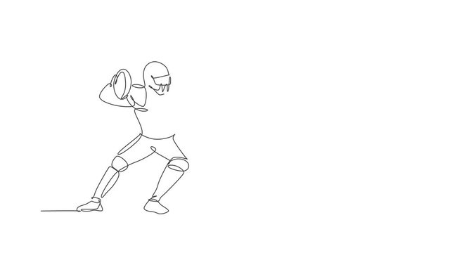 Animated self drawing of single continuous line draw young agile man american football player stance to pass the ball for competition media. Sport exercise concept. Full length one line animation.