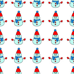 Bright seamless illustration with snowmen. Vector drawing on a white background.
