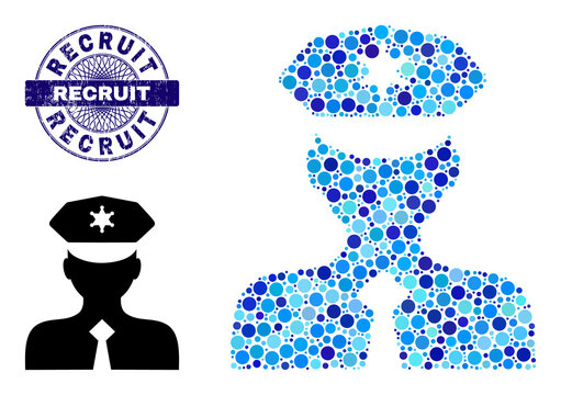 Rounded Dot Collage Police Officer Icon And RECRUIT Round Rubber Stamp Seal. Blue Stamp Seal Includes RECRUIT Title Inside Circle And Guilloche Pattern. Vector Collage Is Based On Police Officer Icon,