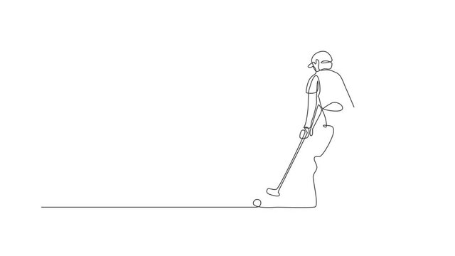 Animated self drawing of continuous line draw young golf player swing golf club and hit the ball. Leisure sport concept. Full length single line animation illustration for tournament promotion media.