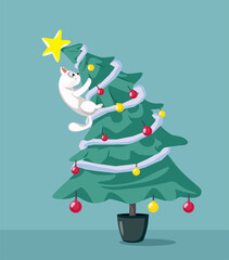 Cat Pulling Down Christmas Tree Vector Cartoon Illustration