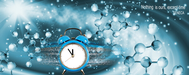 An image of a clock from which particles are separated against the background of flying DNA chains.