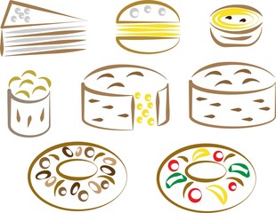 portugal cakes sweets, bolo rei rainha, bolo arroz, pastel de nata, pao de lo, bolacha maria, bolo de  berlim vector illustration icon set