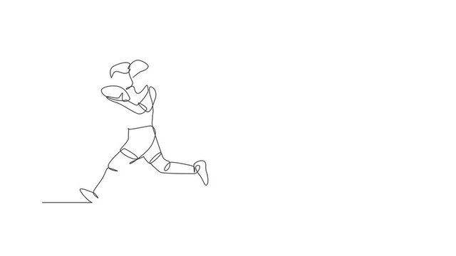 Animated self drawing of one continuous line draw young rugby player run and catch the ball. Competitive aggressive sport concept. Full length single line animation for tournament promotion poster.