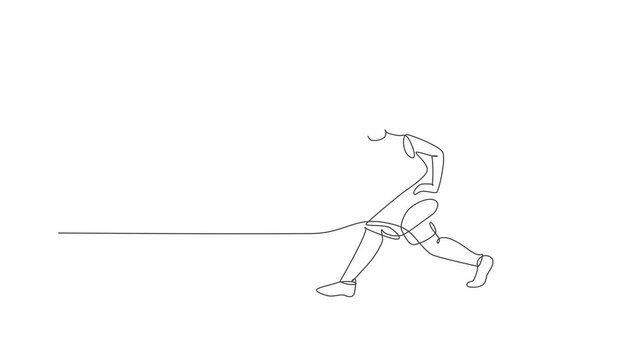Animated self drawing of one continuous line draw young basketball player running and dribbling the ball. Teamwork sport concept. Full length single line animation for team college recruitment poster.