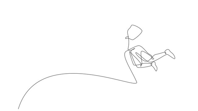 Animation of one line drawing young energetic basketball female player slam dunk. Sports competition concept. Continuous line self draw animated for basketball tournament poster. Full length motion.