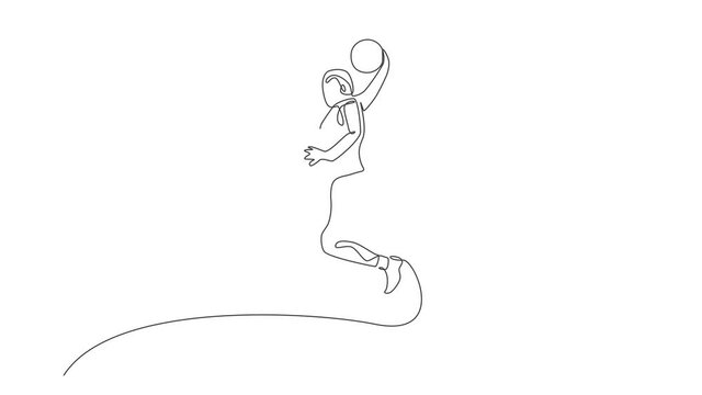 Animation of one line drawing of energetic basketball player slam dunk. Sports competition concept. Continuous line self draw animated for basketball tournament poster and banner. Full length motion.