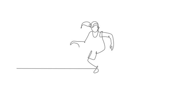 Animated self drawing of one continuous line draw young basketball player running at court. Team sport concept. Full length single line animation for basketball championship match publication poster.