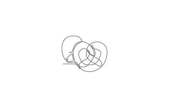 Animation of one line drawing of fresh delicious Germany pretzel logo. Snack food bakery and pastry shop badge concept. Continuous line self draw animated cookies logotype. Full length motion.