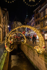 Christmas decorations in Colmar in France on December 4th 2021 - obrazy, fototapety, plakaty