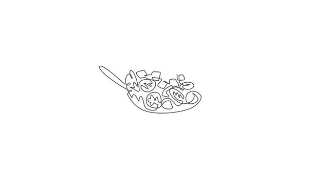 Animation of one single line drawing of fresh organic salad logo. Healthy vegan food cafe menu and restaurant badge concept. Continuous line self draw animated street food logotype. Full length motion