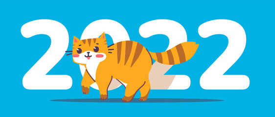 Vector illustration of happy cute striped red cat character on blue color background with number 2022. Flat line art style design of walking animal tiger cat. Symbol of New Year 2022