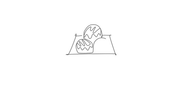 Animated self drawing of continuous line draw stylized Japanese takoyaki ball logo label. Emblem seafood restaurant concept. Full length one line animation for cafe, shop or food delivery service.