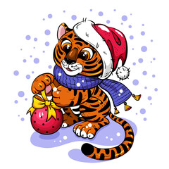 Cute New Year Character Tiger Cub in Santa Hat