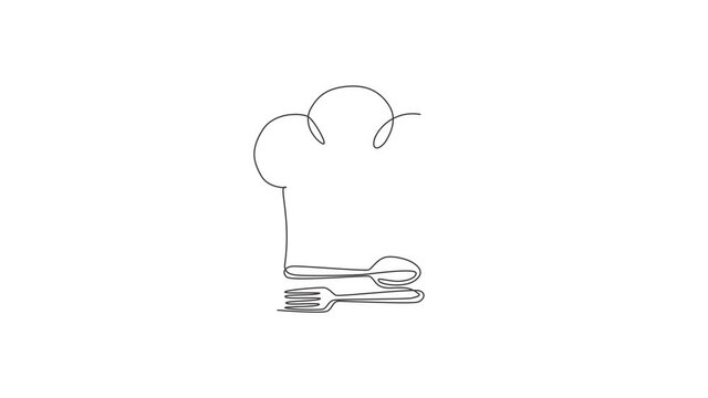 Animated self drawing of one continuous line draw chef hat with fork and spoon for restaurant logo emblem. Cafe shop logotype template art concept. Full length single line animation illustration.