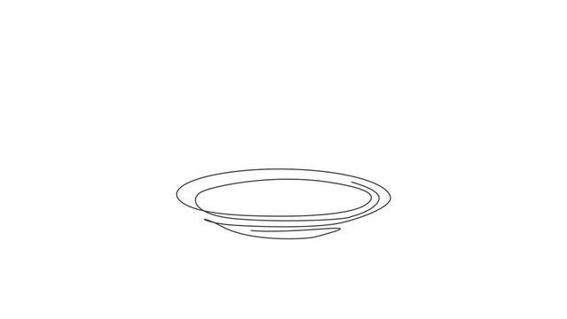 Animated self drawing of single continuous line draw stylized empty plate fork and knife logo label. Luxury restaurant emblem art concept. Full length one line animation illustration for cafe shop.