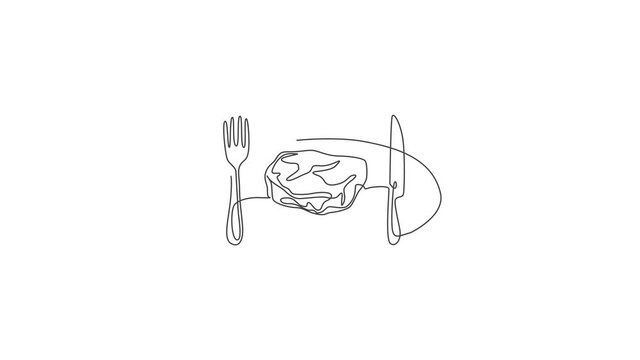 Animated self drawing of single continuous line draw stylized rosemary steak on plate with knife and fork. Steak restaurant logo concept. Full length one line animation draw design illustration.