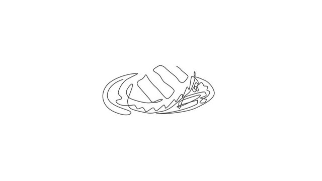 Animation of one single line drawing of fresh delicious rib eye steak on plate logo art illustration. Steak restaurant badge concept. Continuous line self draw animated. Full length motion.