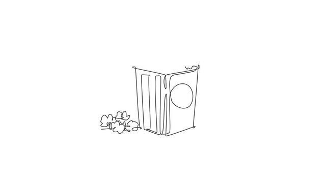 Animated self drawing of one continuous line draw fresh sweet delicious pop corn with stripped pattern paper box . Snack for watching movies concept. Full length single line animation illustration.