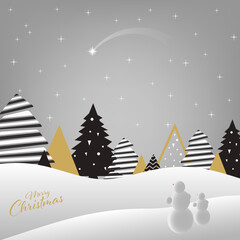 Fototapeta na wymiar Christmas abstract card with snowy forest and snowmen template