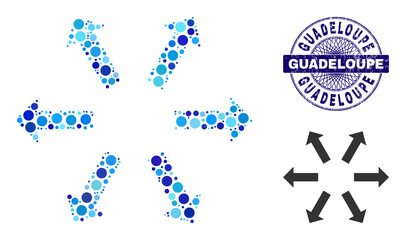 Circle mosaic radial arrows icon and GUADELOUPE round textured stamp print. Blue stamp seal includes GUADELOUPE tag inside circle and guilloche pattern. Vector mosaic is based on radial arrows icon,