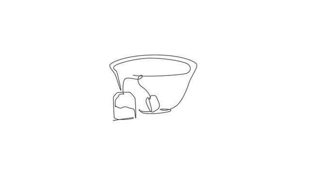 Animated self drawing of one continuous line draw hot fresh glass cup of tea for tea shop logo emblem. Tea with teabag and drink coaster logotype template concept. Full length single line animation.