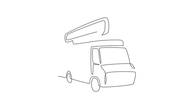 Animated self drawing of one continuous line draw vintage food truck for festival logo emblem. Mobile fast food cafe shop logotype template concept. Full length single line animation illustration.