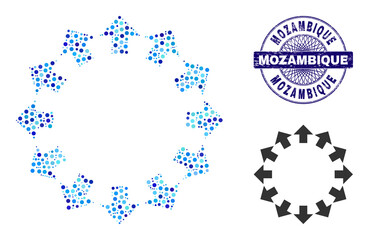 Round dot collage radial arrows icon and MOZAMBIQUE round scratched stamp seal. Blue stamp seal includes MOZAMBIQUE text inside circle and guilloche pattern.