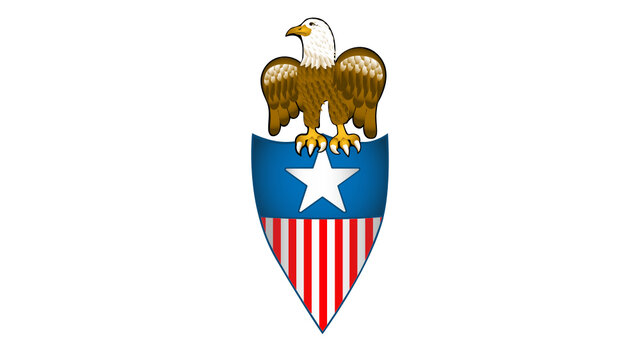 Cartoon eagle perched on a shield emblazoned with star and stripes