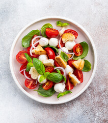 Traditional Italian salad Panzanella with cherry tomatoes, mozzarella cheese, basil and bread in ceramic plate. Top view.