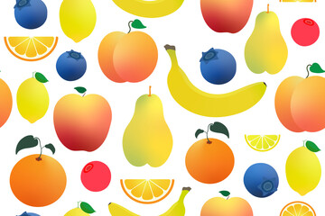 Pattern of fruits like peach, banana, blueberry, apple