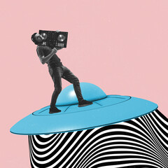 Stylish musician, dj playing modern music isolated on abstract background. Contemporary collage,...