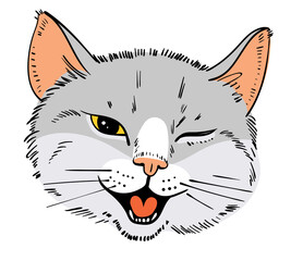 Cat portrait drawing. Feline grin. Cat stuck out his tongue and winks with one eye. Cartoon characters. Funny vector illustration. Isolated on white background