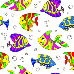 Seamless pattern of fantasy colorful psychedelic, creative doddle fish. Zen art creative design collection on white background. Vector illustration.