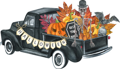 Watercolor Halloween black retro truck with skeleton, pumpkin, autumn leaves.