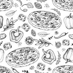 Italian pizza and ingredients. Seamless pattern. Italian food menu design template. Pizzeria menu design template. Vintage hand drawn sketch vector illustration. Engraved image.