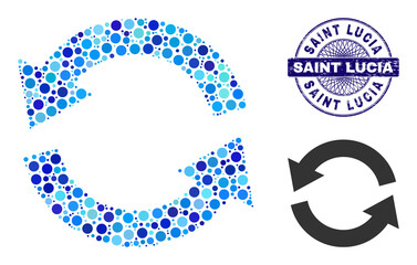 Round dot mosaic refresh icon and SAINT LUCIA round grunge watermark. Blue stamp seal includes SAINT LUCIA caption inside circle and guilloche decoration. Vector mosaic is based on refresh icon,