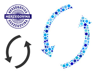 Circle collage refresh icon and HERZEGOVINA round scratched stamp imitation. Blue stamp includes HERZEGOVINA tag inside circle and guilloche technique. Vector mosaic is based on refresh icon,
