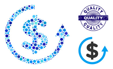 Circle collage refund icon and QUALITY round dirty stamp print. Blue stamp includes QUALITY caption inside circle and guilloche decoration. Vector collage is based on refund icon,