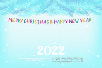 Cute decorative poster Merry Christmas and Happy New Year with blue pine branches and multicolor letters on light-blue background. Two vector fonts sets are included