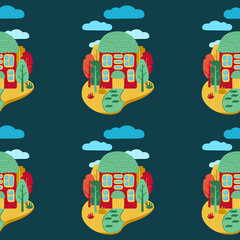 A pattern of multi-colored flat art nouveau houses. House with unusual windows. Colorful landscape with trees and clouds. EPS 10 without transparencies.