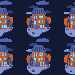 A pattern of multi-colored flat art nouveau houses. House with unusual windows. Colorful landscape with trees and clouds. EPS 10 without transparencies.