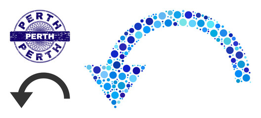 Circle mosaic rotate ccw icon and PERTH round textured stamp print. Blue stamp seal includes PERTH caption inside circle and guilloche ornament. Vector mosaic is based on rotate ccw icon,