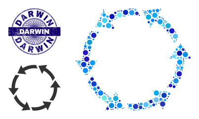 Circle mosaic rotate ccw icon and DARWIN round dirty stamp print. Blue stamp seal includes DARWIN text inside circle and guilloche structure. Vector mosaic is based on rotate ccw icon,