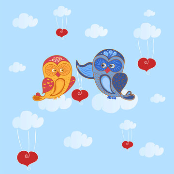Cute owls in love. Valentine's day postcard. Vector illustration.