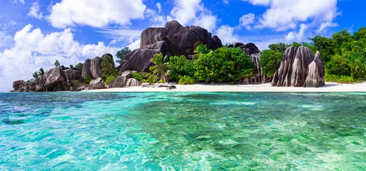 Papier Peint photo autocollant Anse Source D'Agent, île de La Digue, Seychelles L& 39 une des plages tropicales les plus pittoresques et les plus belles du monde - Anse source d& 39 argent sur l& 39 île de La Digue, aux Seychelles