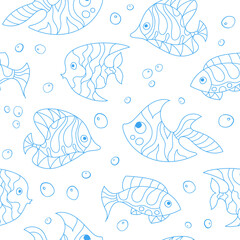 Obraz premium Seamless pattern of fantasy, creative doddle green blue fish. Zen art creative design collection on white background. Vector illustration.
