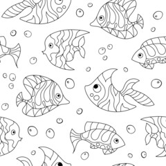 Seamless pattern of fantasy monochrome psychedelic, creative doddle fish. Zen art creative design collection on white background. Vector illustration.