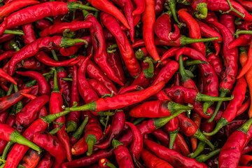 Czerwona papryka chili, zbliżenie na azjatyckim targu z warzywami.